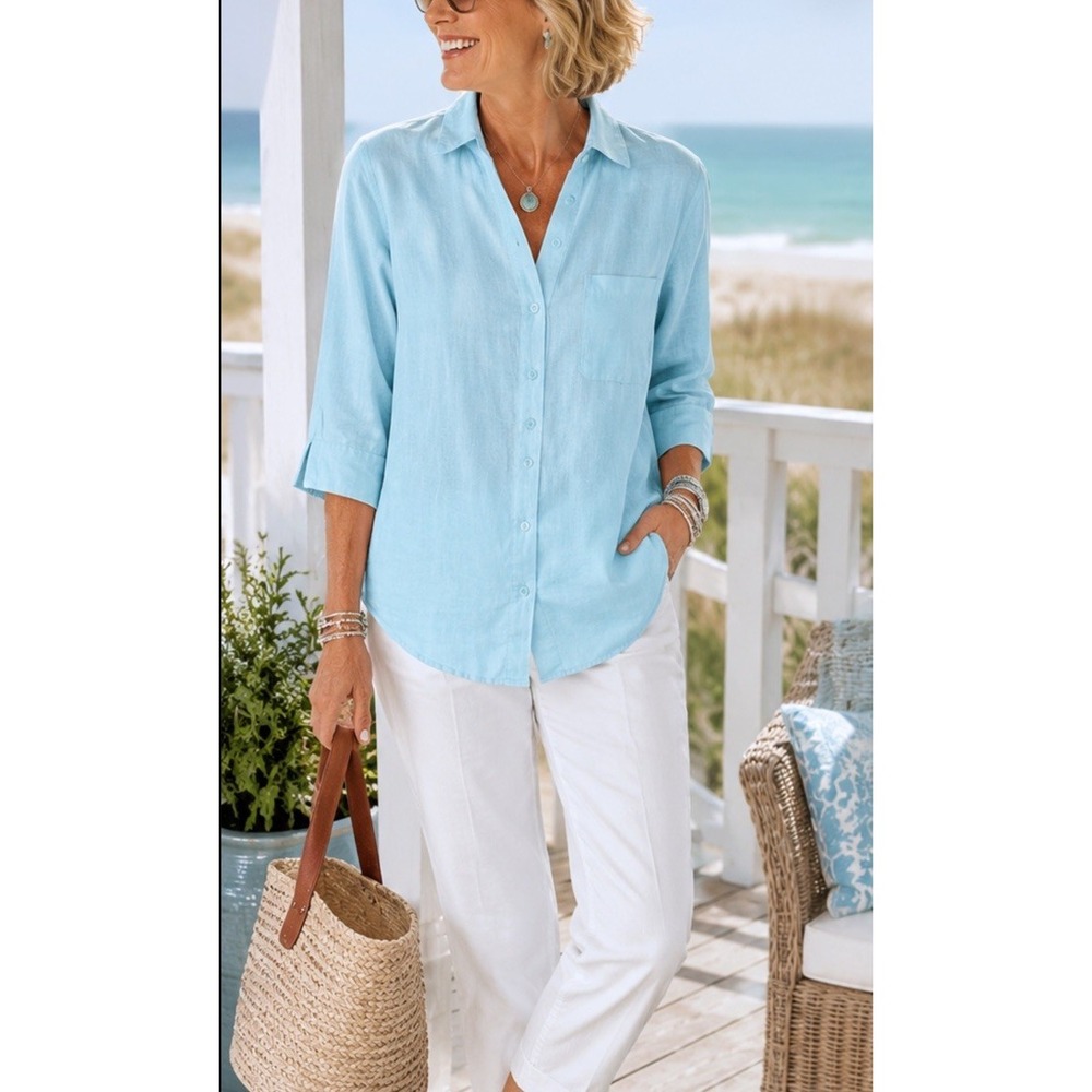 Chico's No Iron Linen Shirt Size 3 XL Blue 3/4 Sleeve Button Down Coastal Beachy